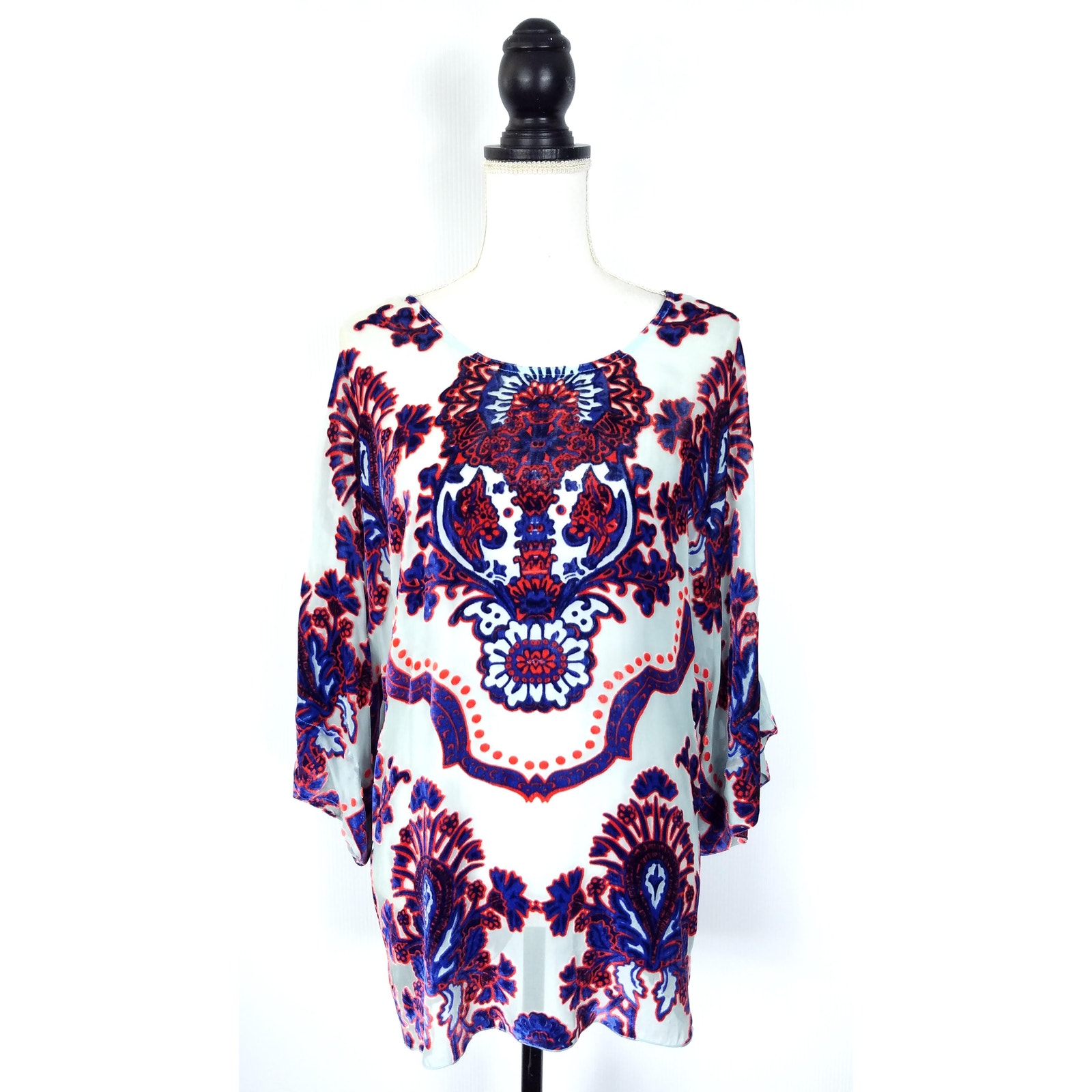 Hale Bob Silk Chiffon Velvet Burnout Blue Orange Kimono Tunic Top Size Small