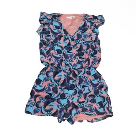 Cooper & Ella XS Shorts Romper Blue & Pink pastel ruffle sleeves pockets NEW