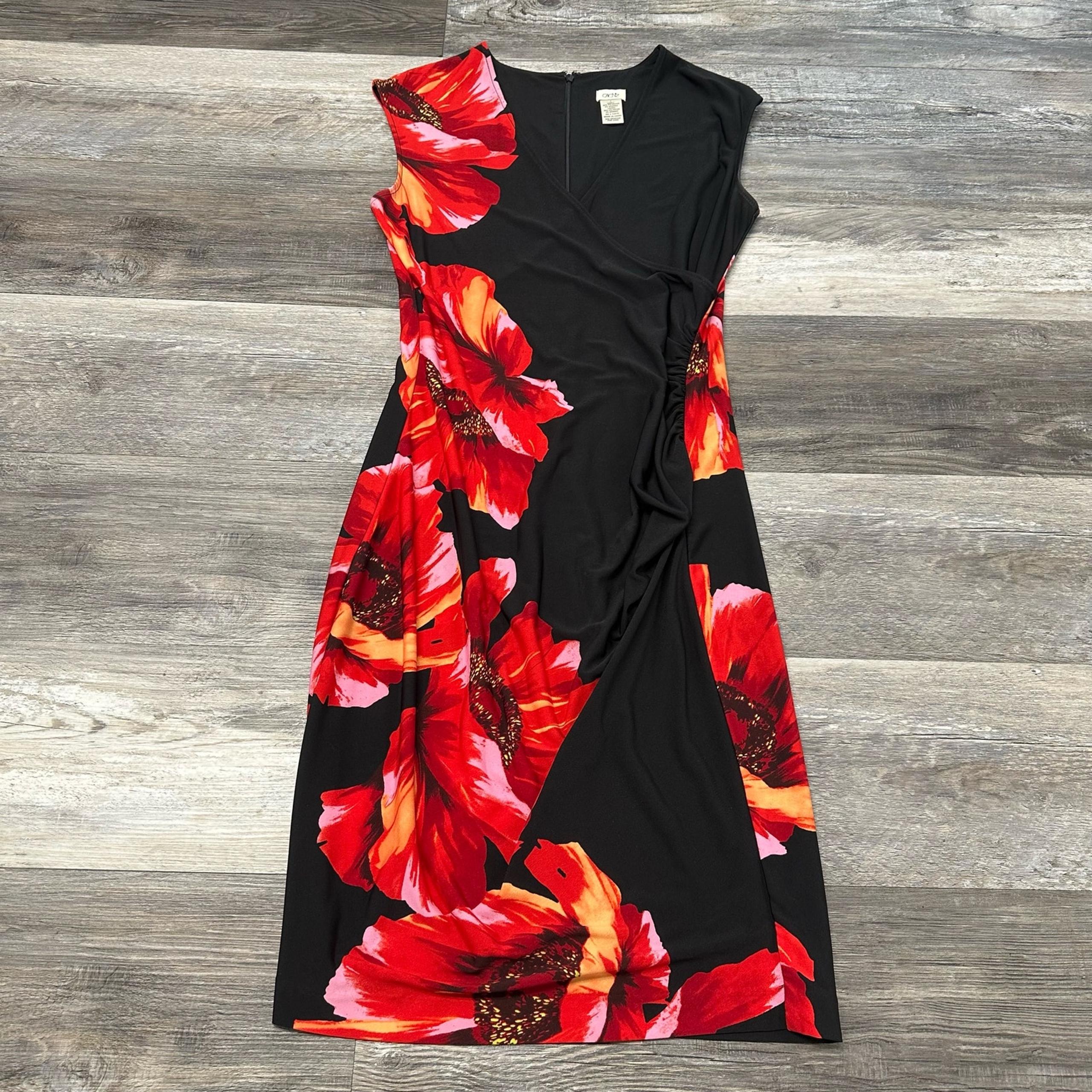 Vintage Cache Black Womens 6 Vneck Casual Red Floral Design Fitted Dress