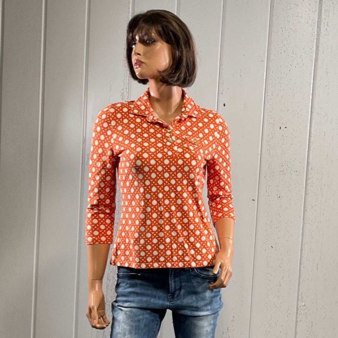 *Talbots women’s Orange Geometry Print collared Shirt Sz MP