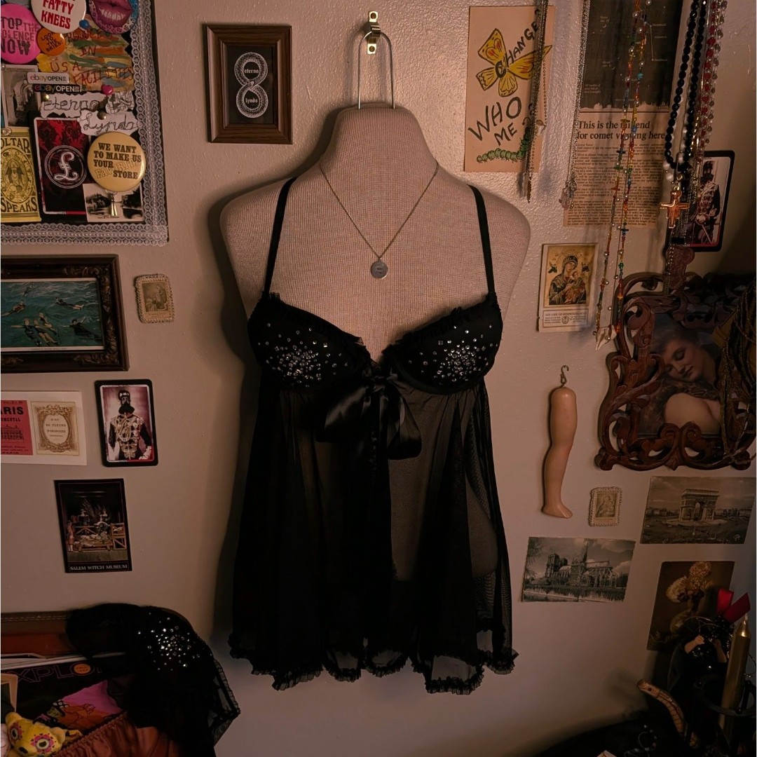 Victoria's Secret 2 Piece Babydoll Lingerie Set Women's 34B Black Sparkly Bra
