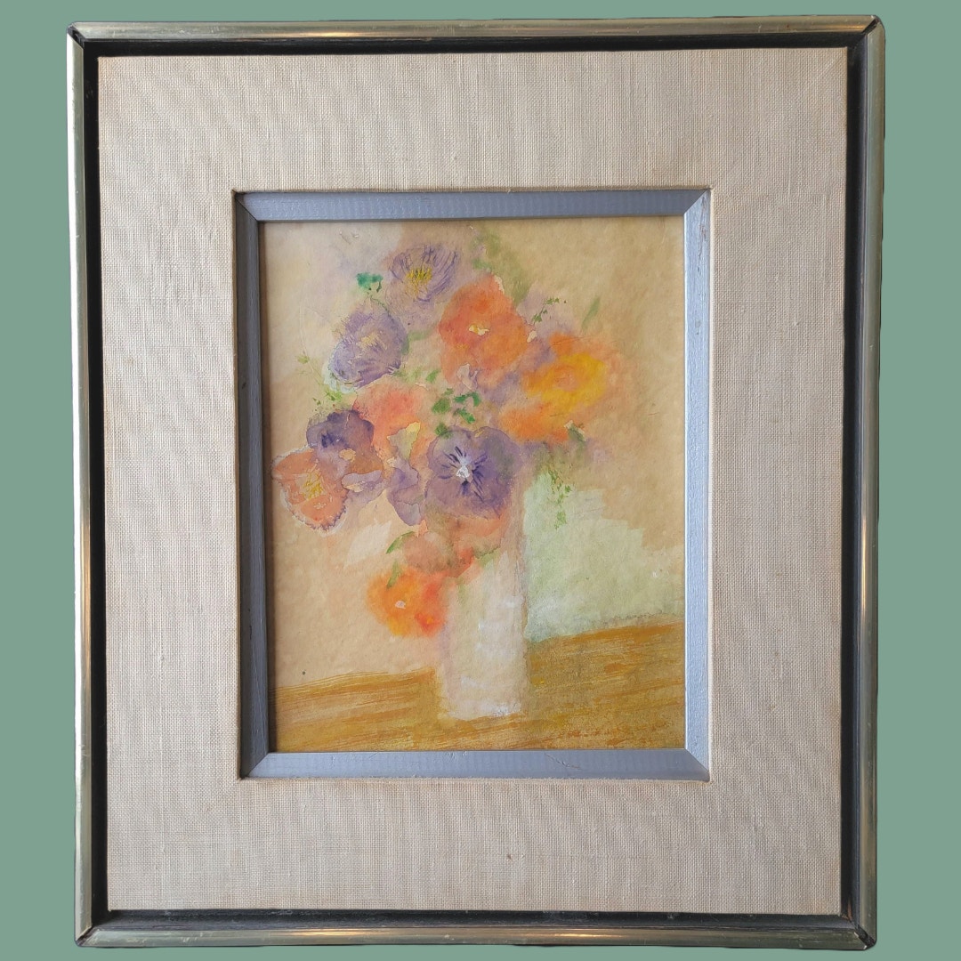 Vintage 1970s Modern Watercolor of Pansies in Vase