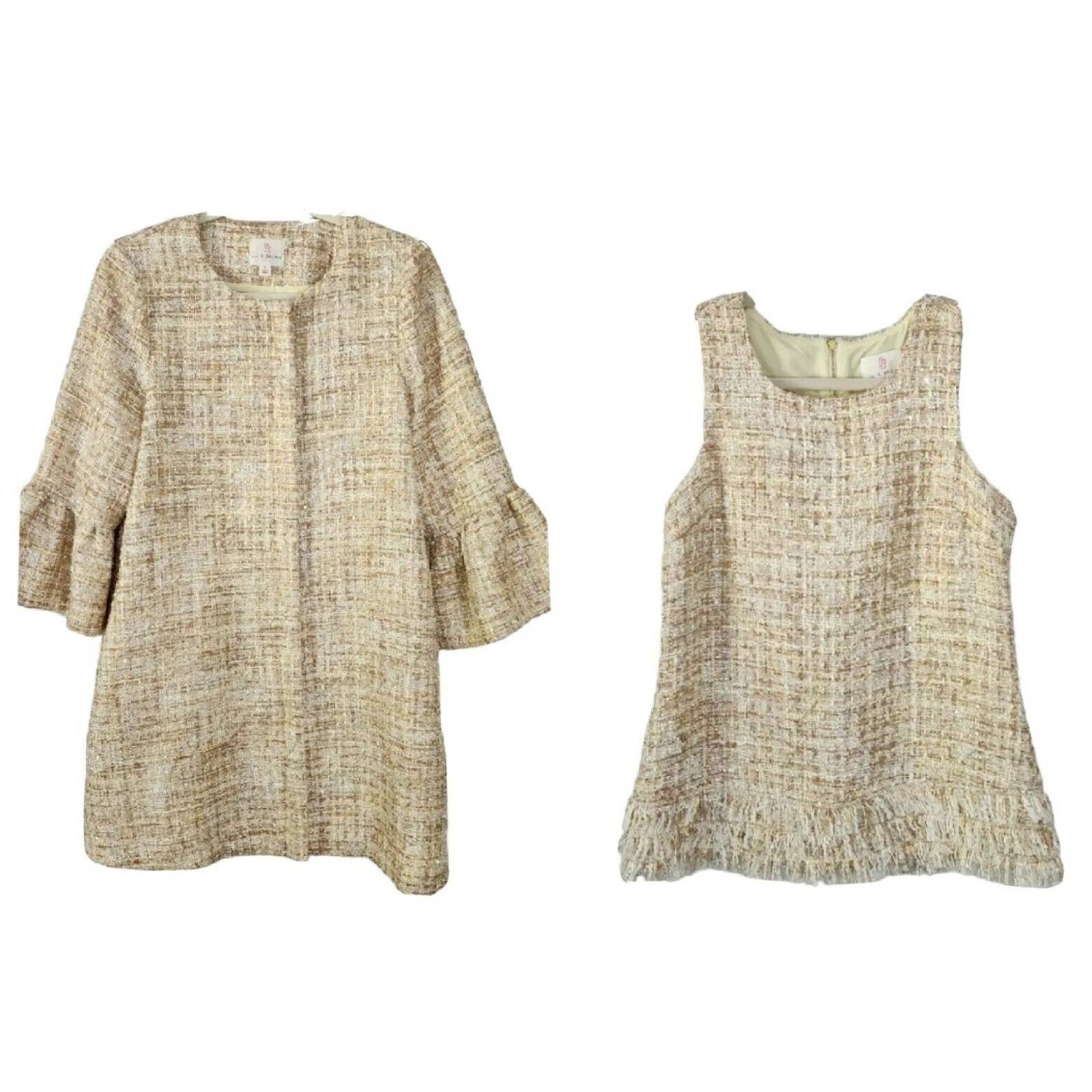 Julie Brown Tweed Sequins Bell Sleeve Coat & Tank Top Set Size Small