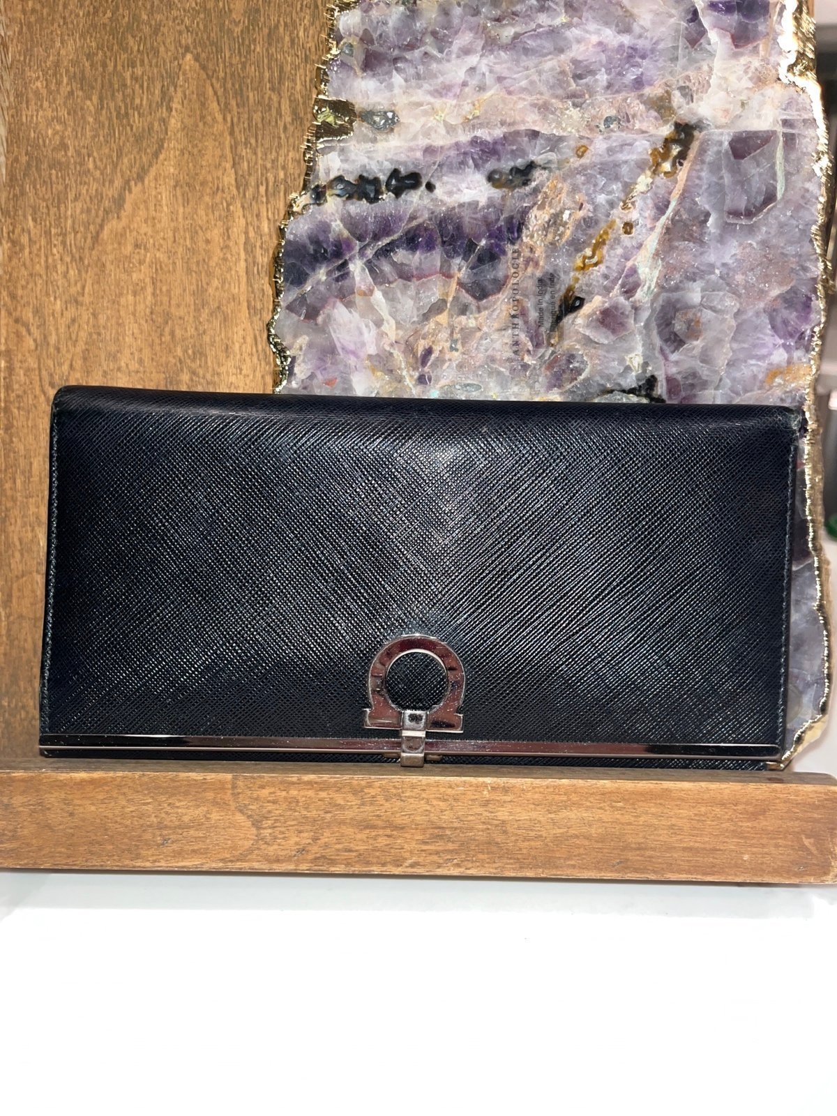 Salvatore Ferragamo Black Saffiano Leather Continental Wallet