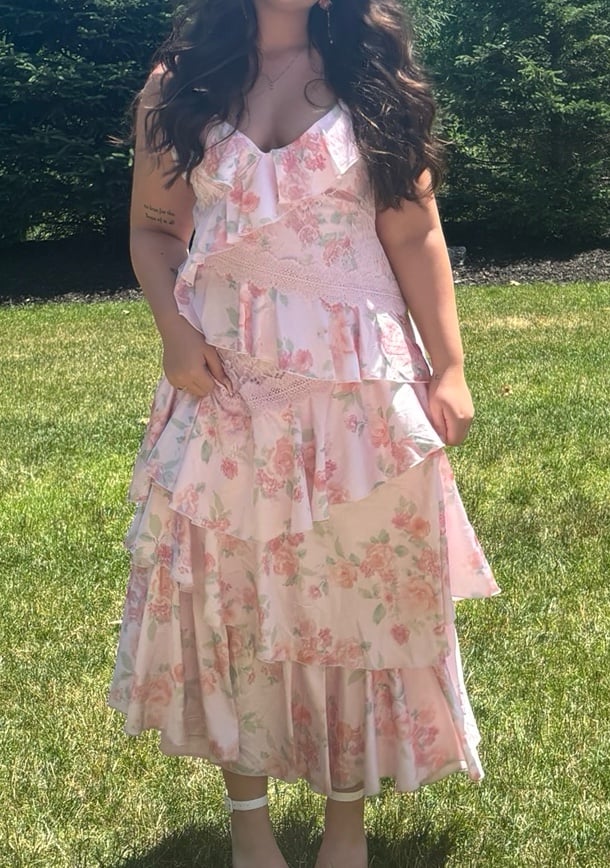 Altard state pink floral ruffle maxi dress