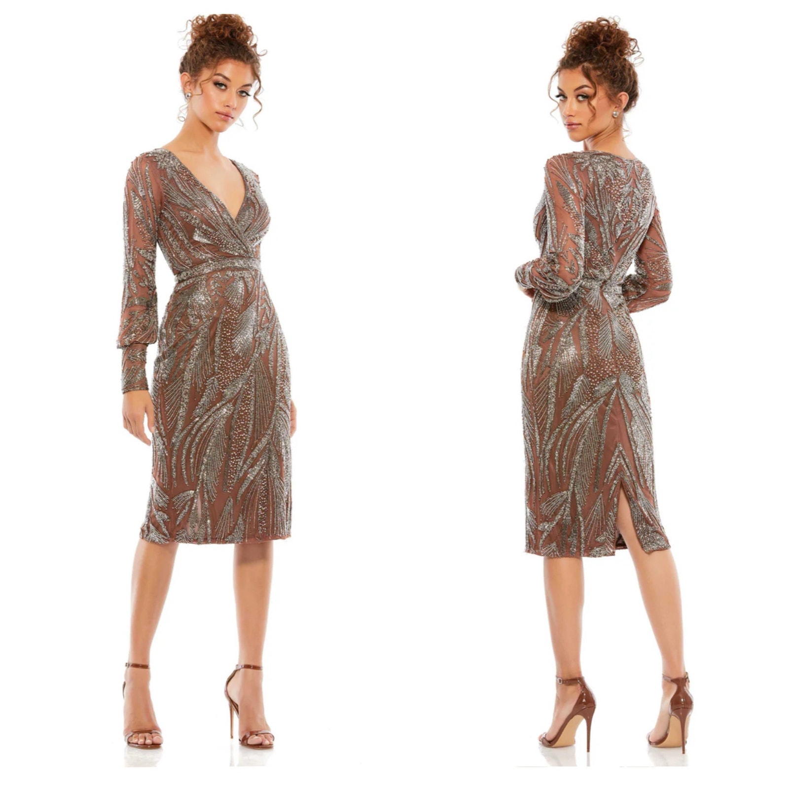 Mac Duggal Beaded Long Sleeve Wrap Over Midi Dress Mocha Brown Size 8 NWT