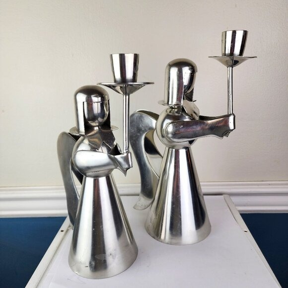 Pura Banka Indonesia Silver Metal Angel Candle Holders Set of Two 9.5, 10.5 in
