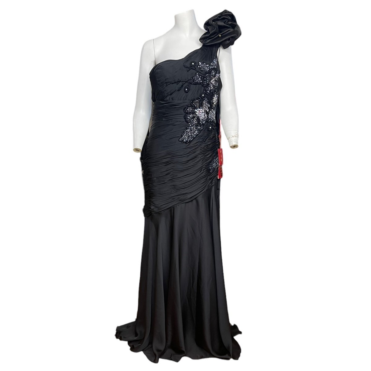 May Queen Couture Black Sequins Beaded One Shoulders Ruffle Evening Gown Dress