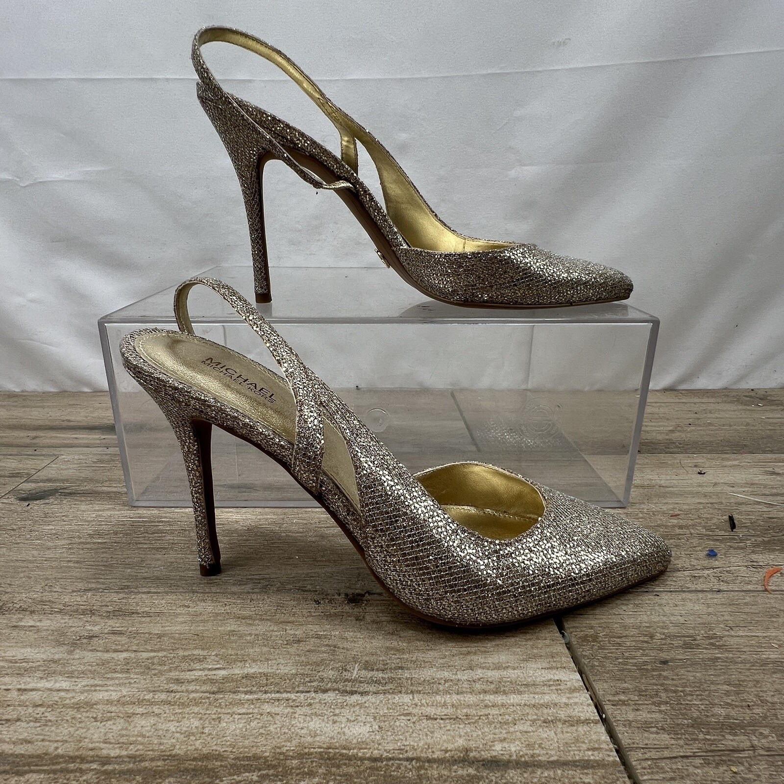 Michael Kors Eliza Pump Gold Glitter Sling Back Women's Dress Party Shoes 8.5M