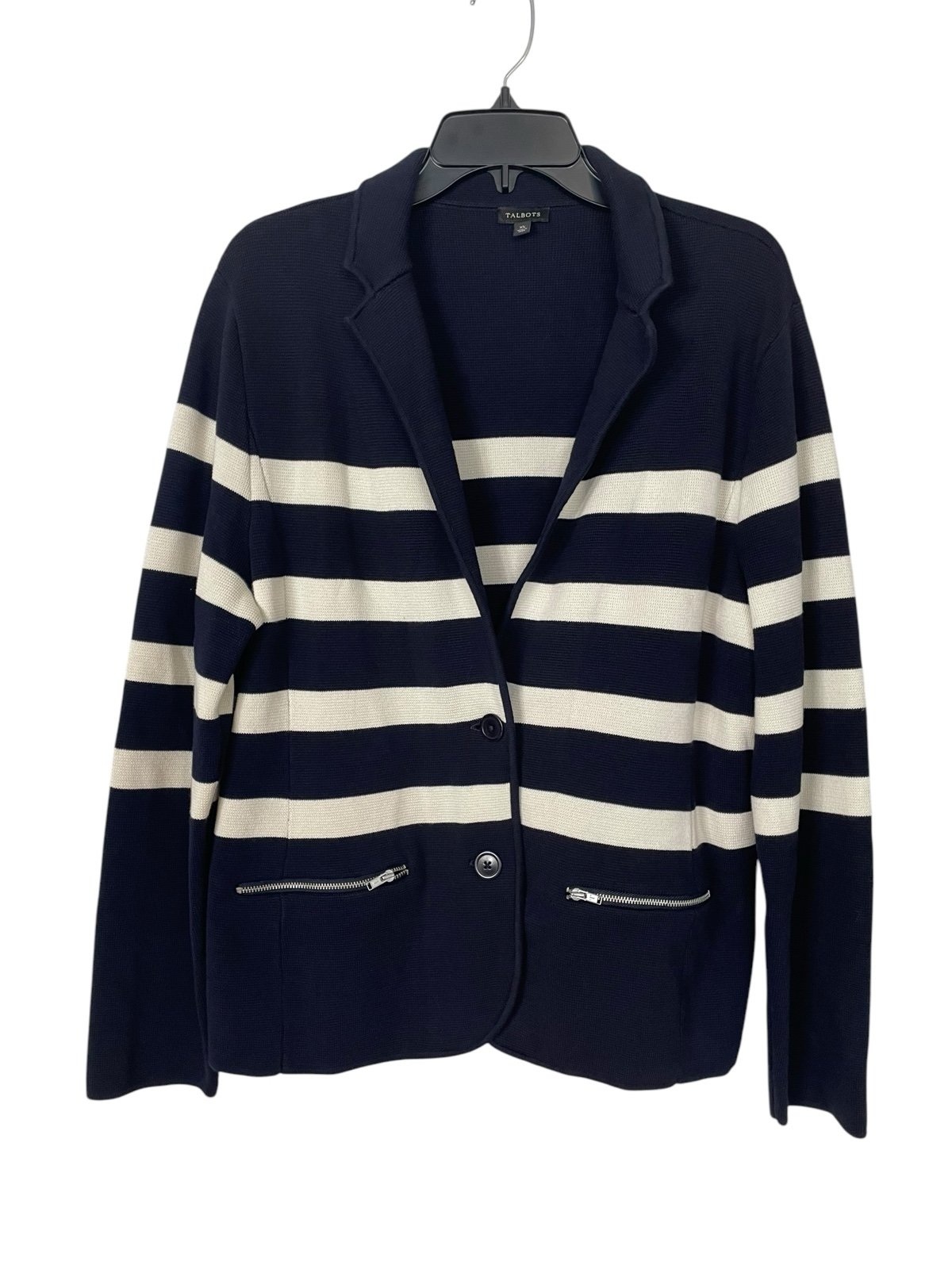 Talbots Nautical Stripe Knit Blazer Navy Cream Cotton Blend Costal Size XL