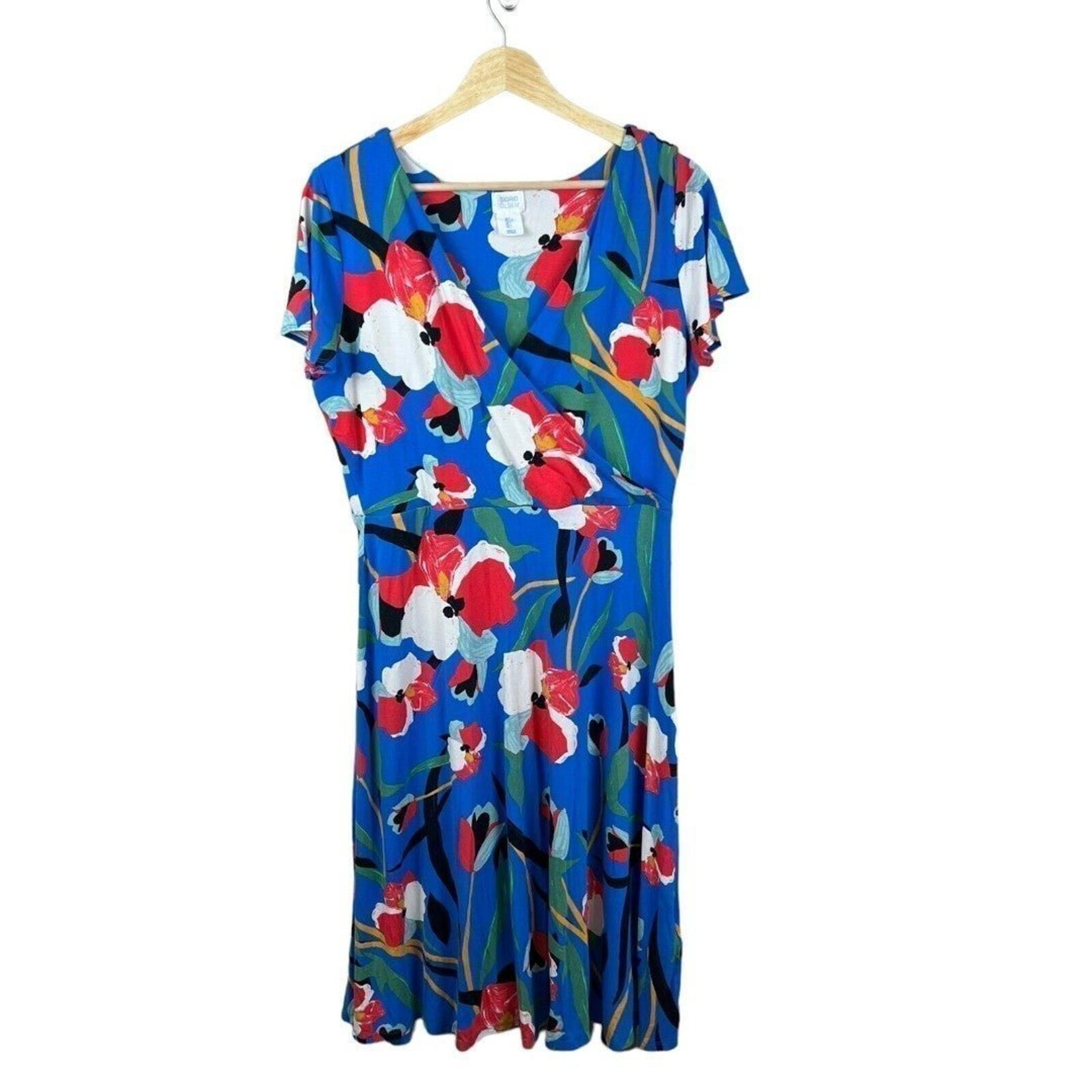 Sigrid Olsen Womens Blue Floral V Neck Short Flutter Sleeve A-Line Dress Large