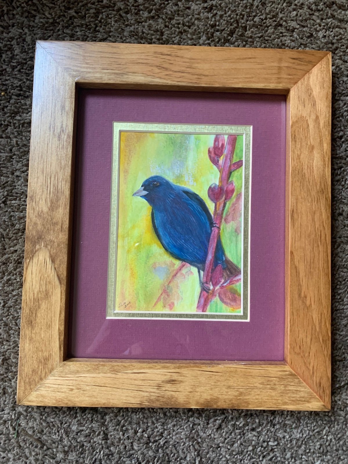 Framed Watercolor Blue Bird Painting by J Lio (2014)