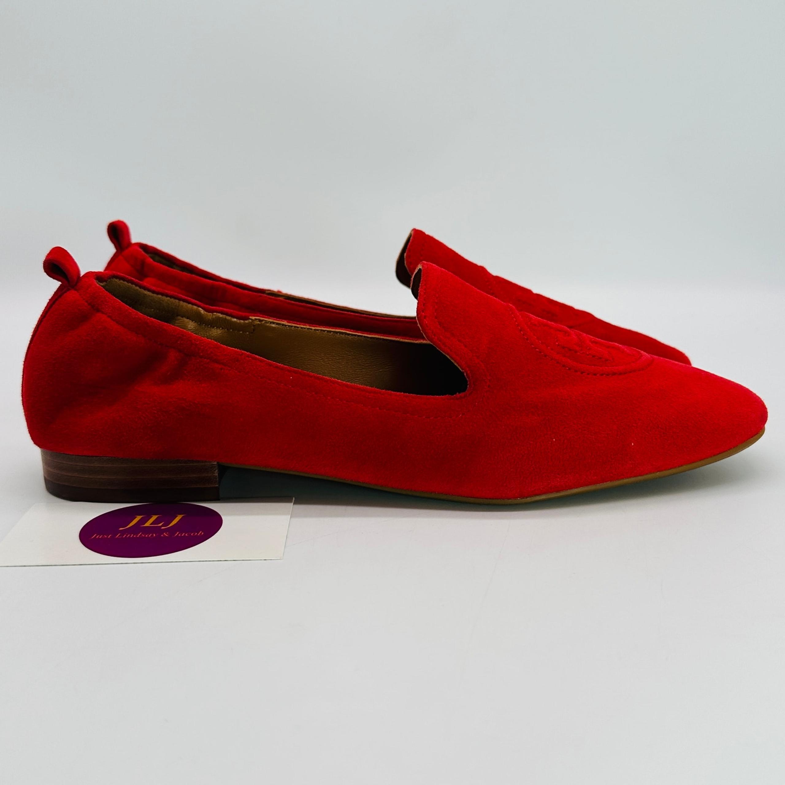 Tory Burch Women's Leigh Bright Carnelian Red Suede Slip On Loafers Size 9