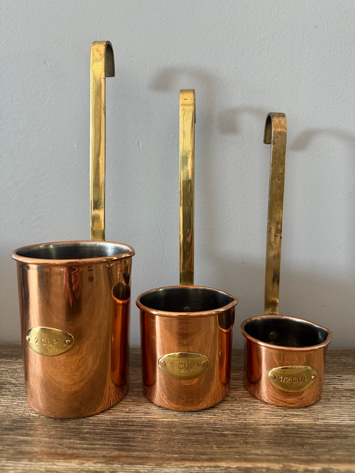 England Vintage 1960s Copper & Brass Hanging Measuring 2, 1 & 1/2 Cups