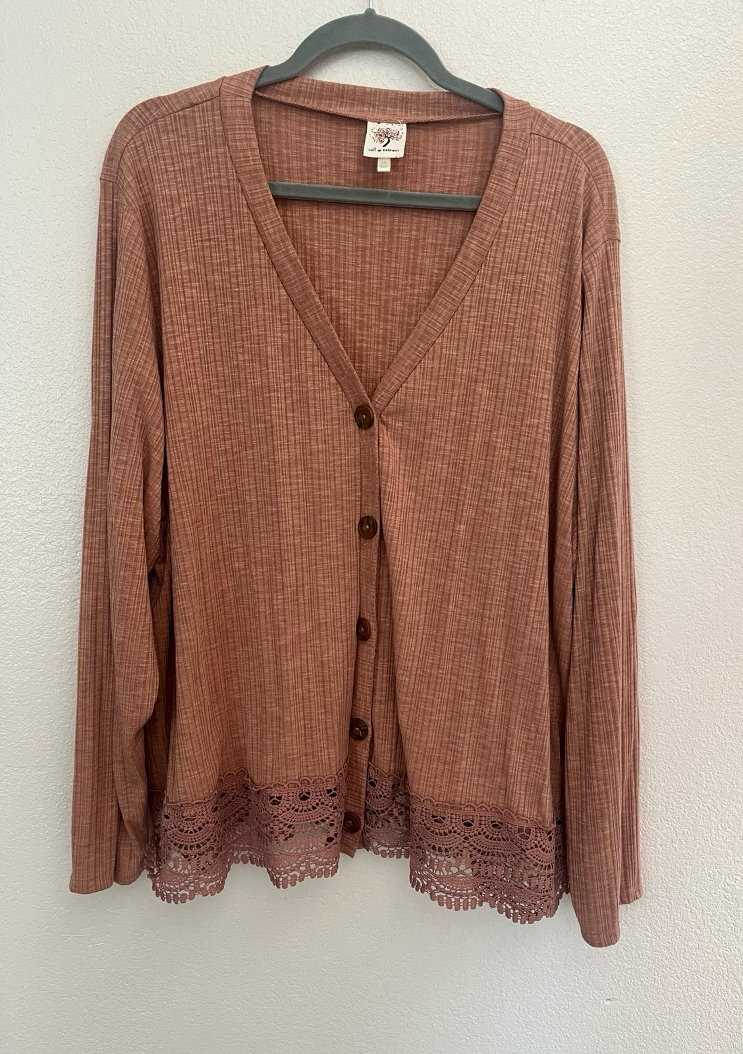 Self Esteem Mauve Brown Button Crochet Trim Cardigan Size 3x Sweater