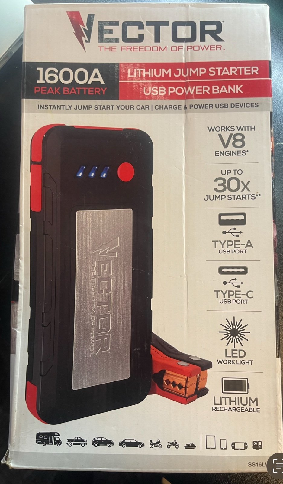 VECTOR 1600 Peak Amp Automotive Lithium Jump Starter, Portable Power - 15W USB-A