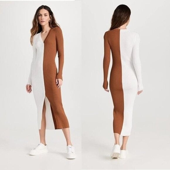 NWOT STAUD Shoko Colorblock Bodycon Sweater Dress Ribbed White Brown MEDIUM