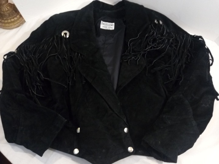Vintage Genuine Leather Black Suede Fringe Concho Crop Jacket Dolman Sleeves 80s
