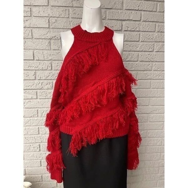 Hot & Delicious Red Cold Shoulder Fringe Sweater Size S