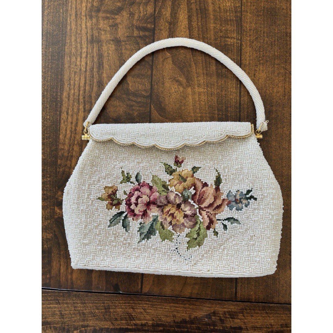 Vintage 1960s Purse White Beaded Evening Bag Floral Needlepoint Tapestry Demure