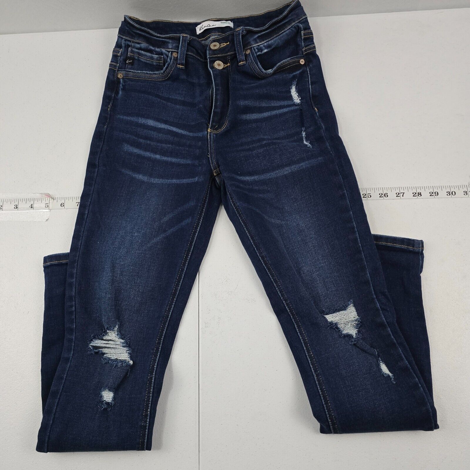 KanCan High Rise Dark Destructed Skinny Jean blue size 26 womens denim 4601