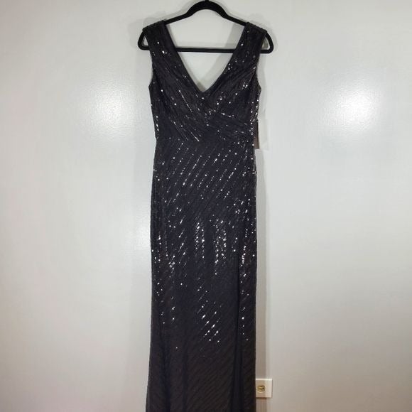 RENE RUIZ COLLECTION black sequin sleeveless V neck formal maxi evening gown