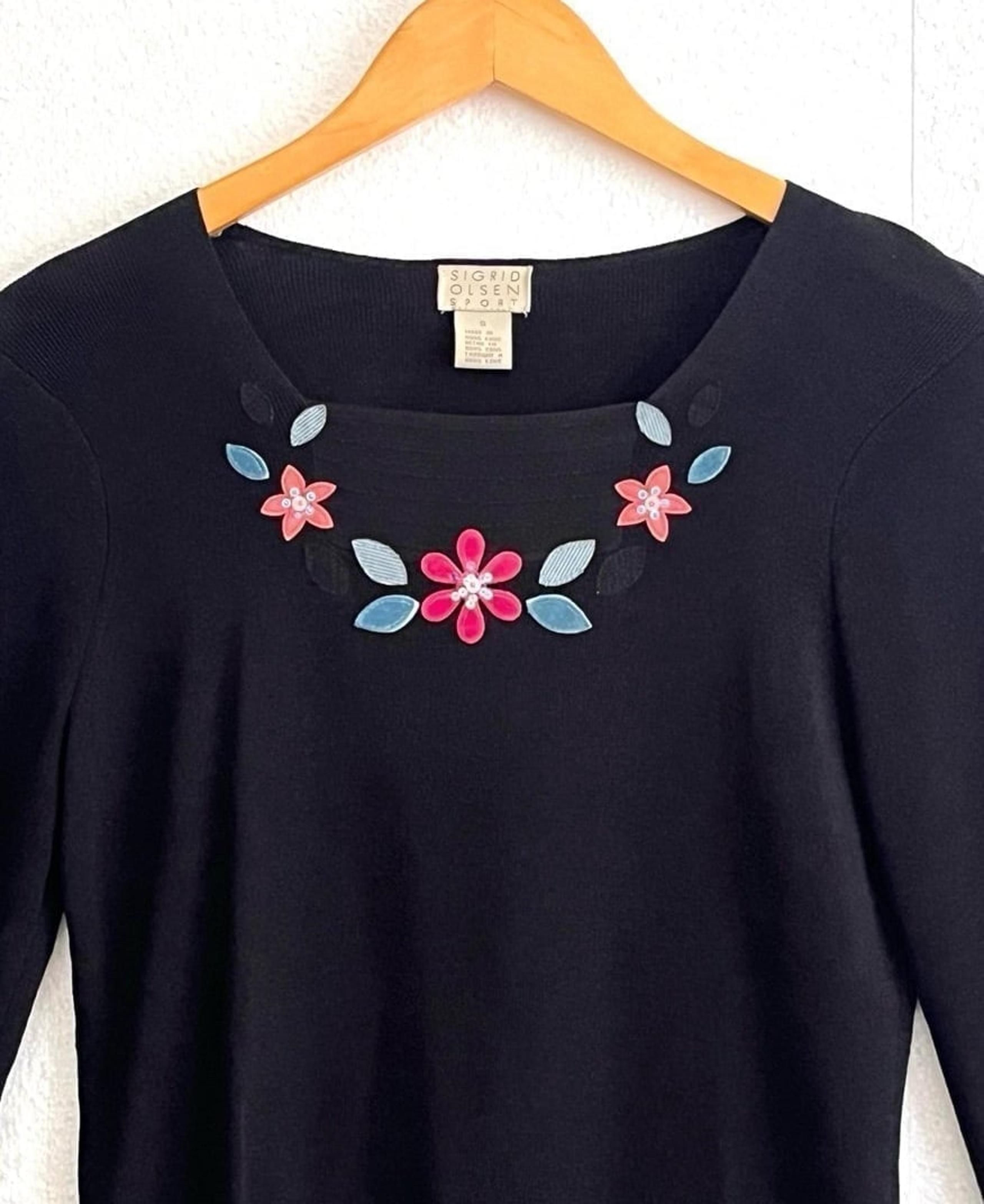 Sigrid Olsen Sport Appliqué Sweater Black Colorful Florals & Lace Womens S