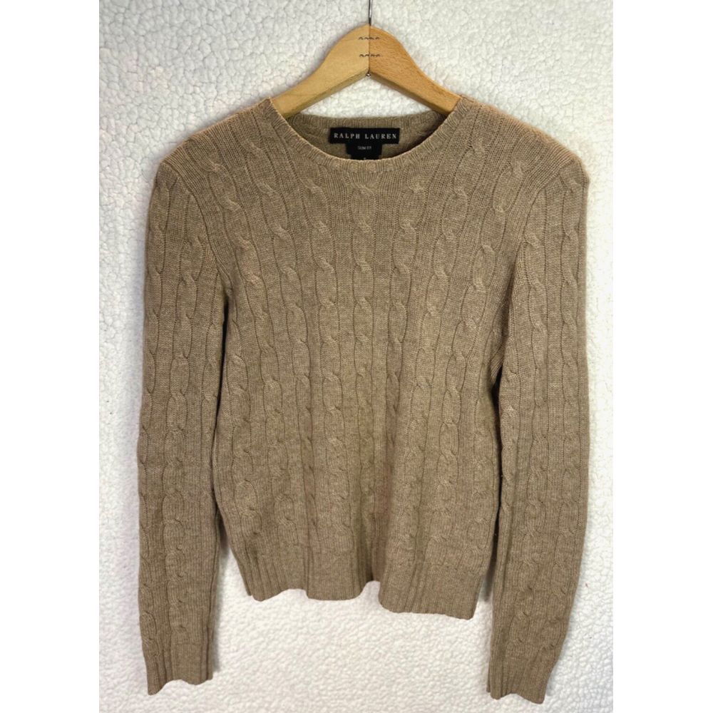 Ralph Lauren Black Label Women's Tan Biege 100% Cashmere Cable Knit Sweater S