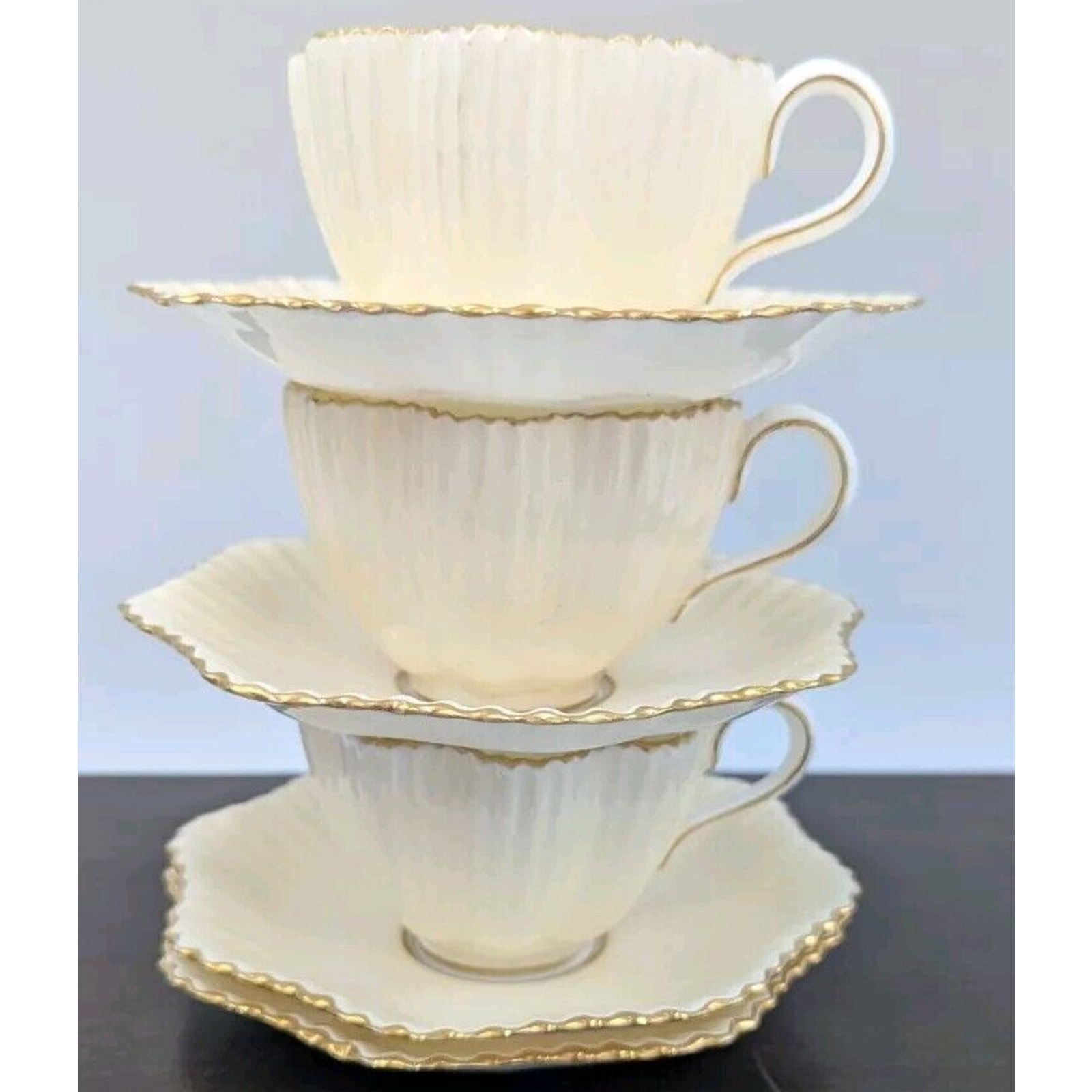 Antique Coalport Tea Cup And Saucer Set Ribbed Scalloped Gold Trim Circa 1881-91