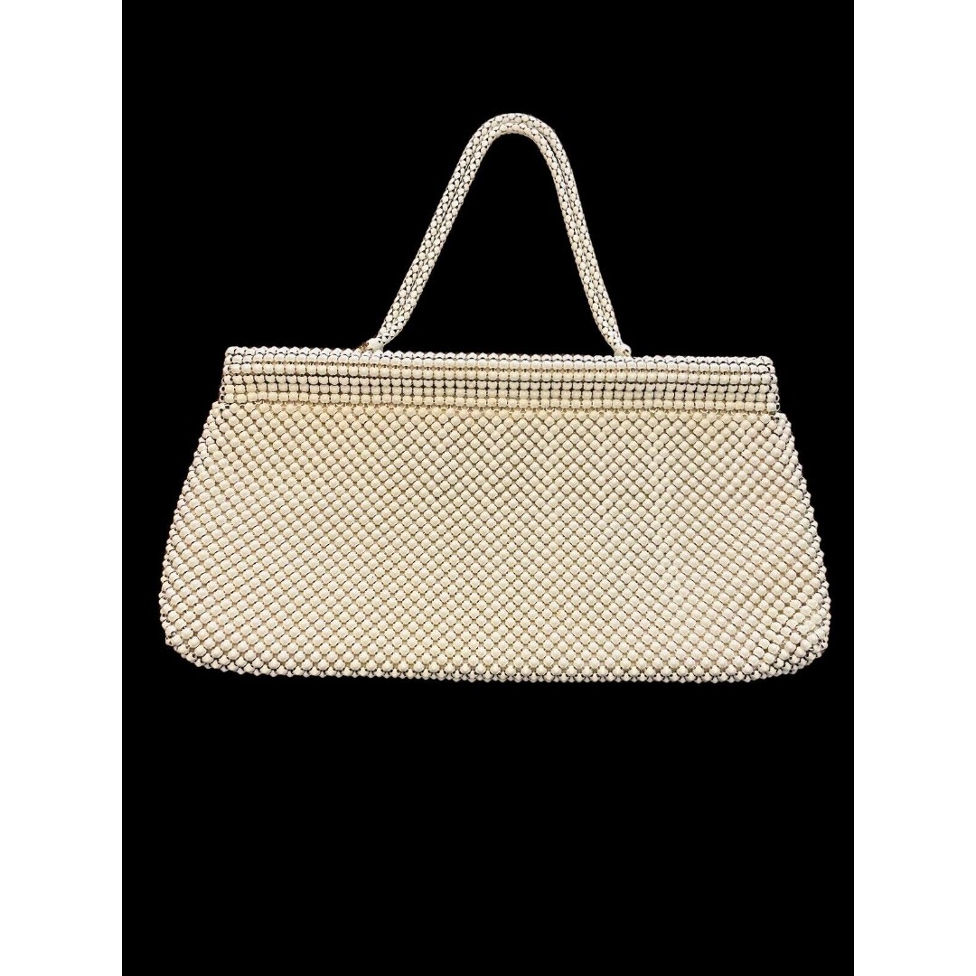 Vtg. Whiting and Davis Alumesh Metal Bead Enamel White Purse Handbag