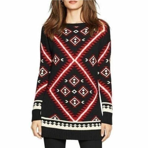 Lauren Ralph Lauren Black Southwestern Navajo Design 100% Cotton Tunic Sweater -