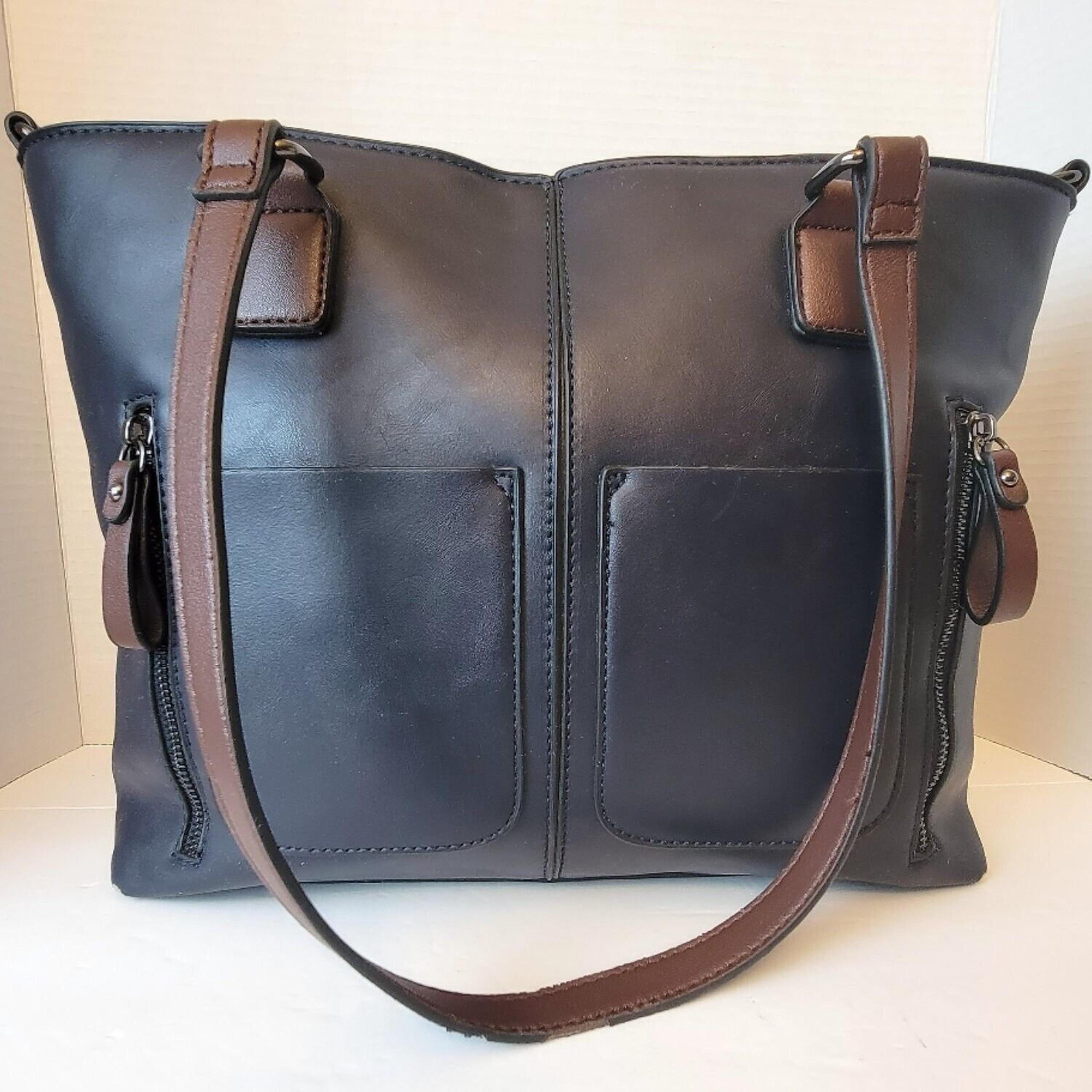 LoveVook Faux Leather Purse Navy & Brown Handbag Tote Multifunctiona l Bag