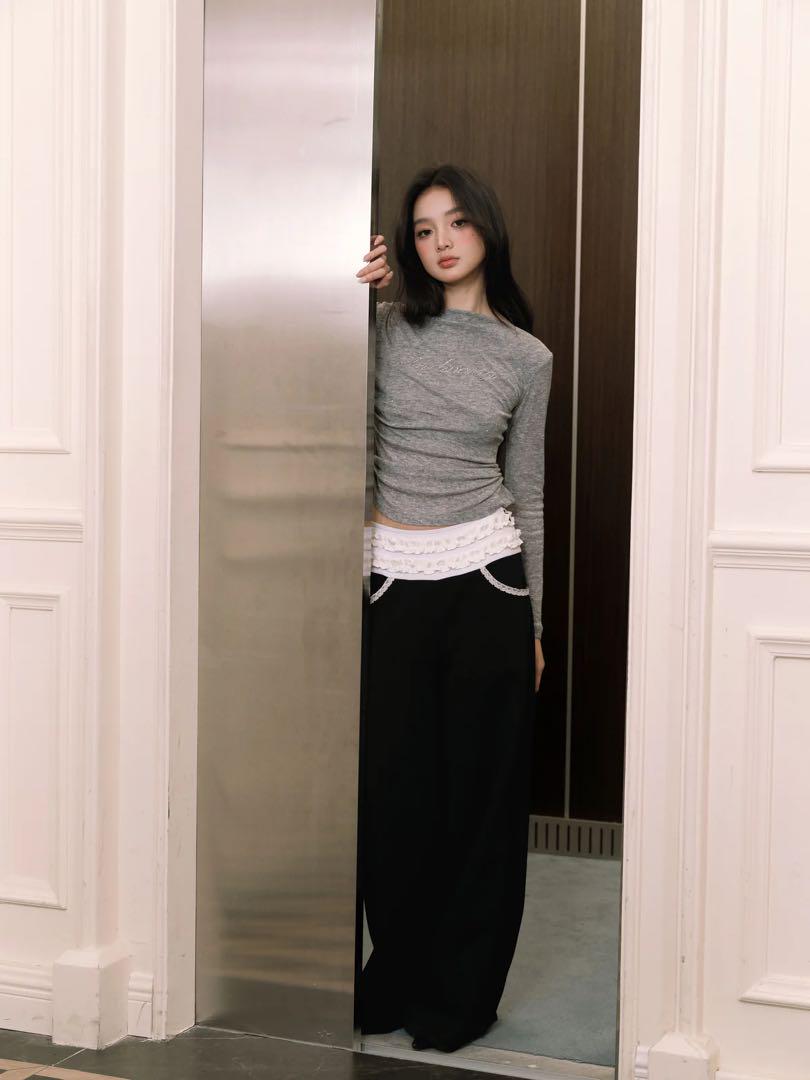 andwang Waist frill ribbon pants ブラック