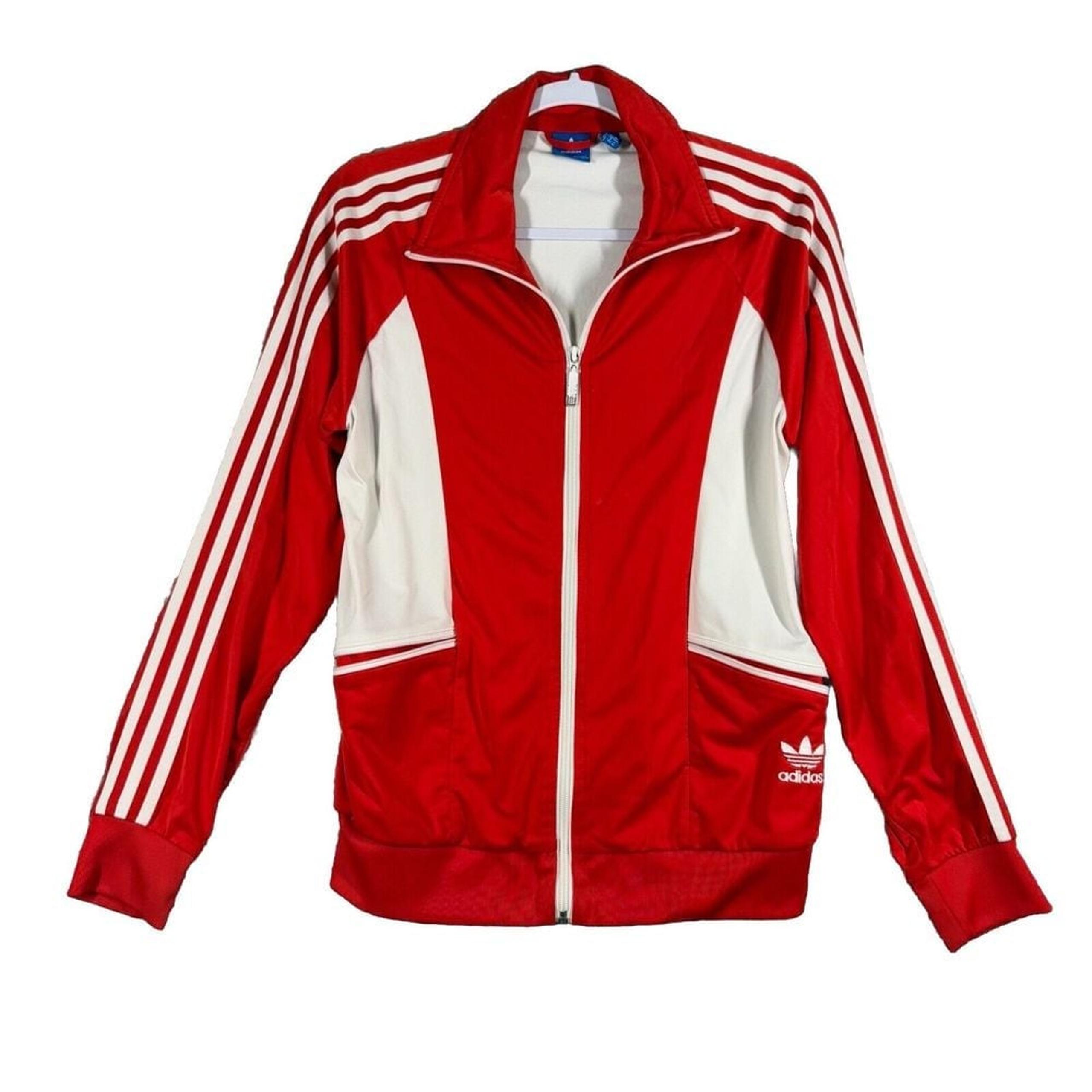Vtg 80s Adidas Womens L White Red Trefoil Full Zip Sweatshirt Jacket