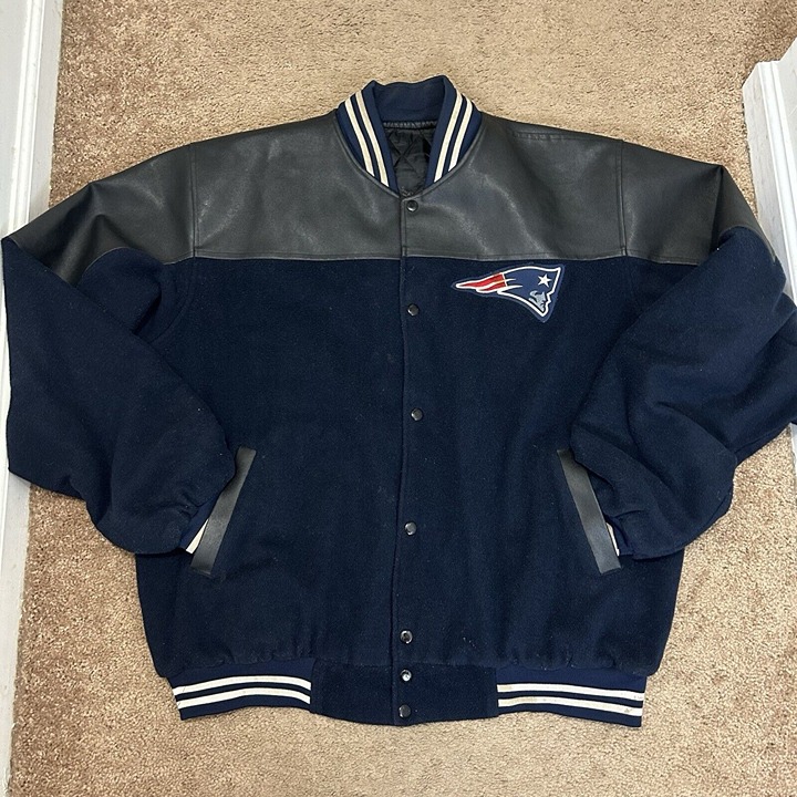 Vintage Adidas New England Patriots Varsity Bomber Jacket Leather *Read