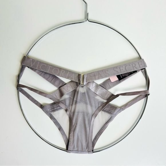 NWT Victoria’s Secret Grey Mesh Strappy Logo Very Sexy Cheeky Panties Underwear