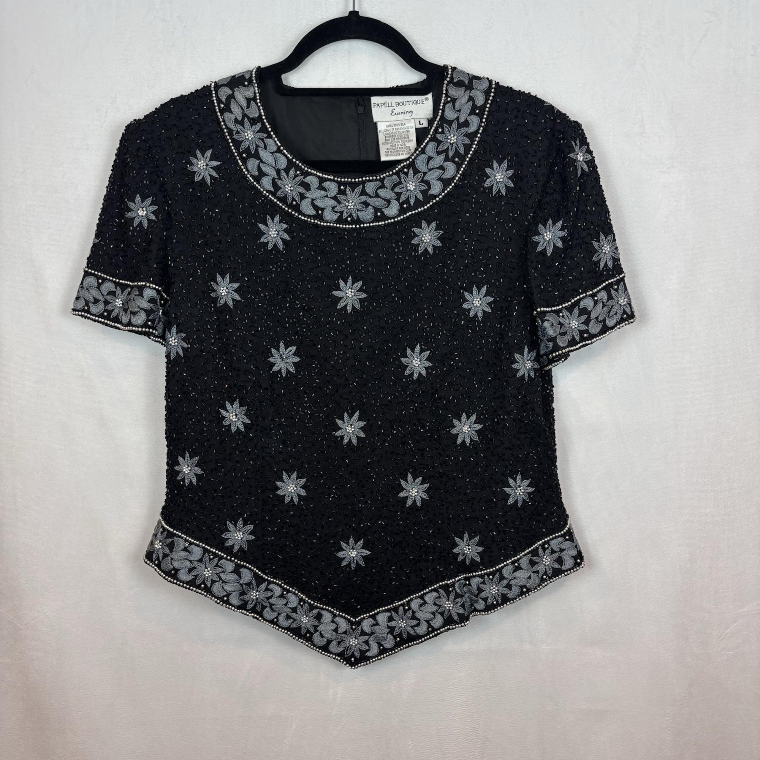 Evening Women's 100% Silk Black Beaded Floral Blouse SZ Large - Papell Boutique