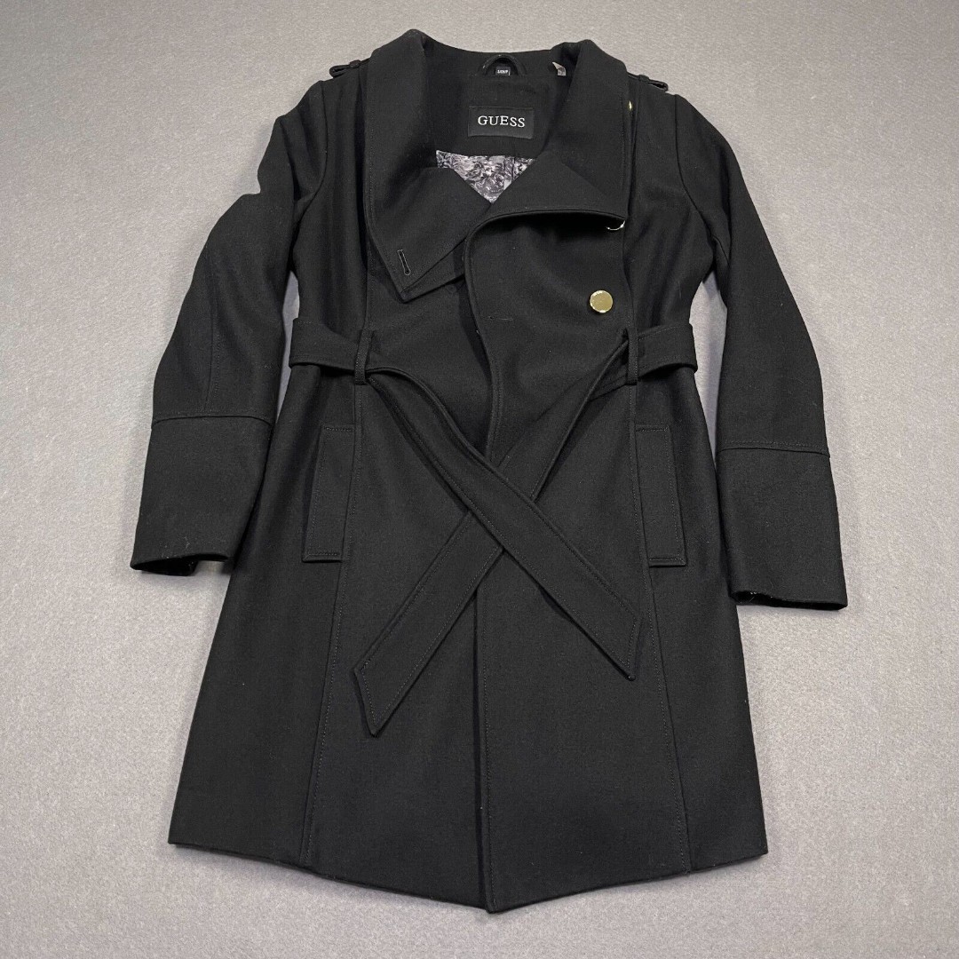 GUESS Coat Womens Small Black Asymmetrical Belted Trench Designer Wool Jacket