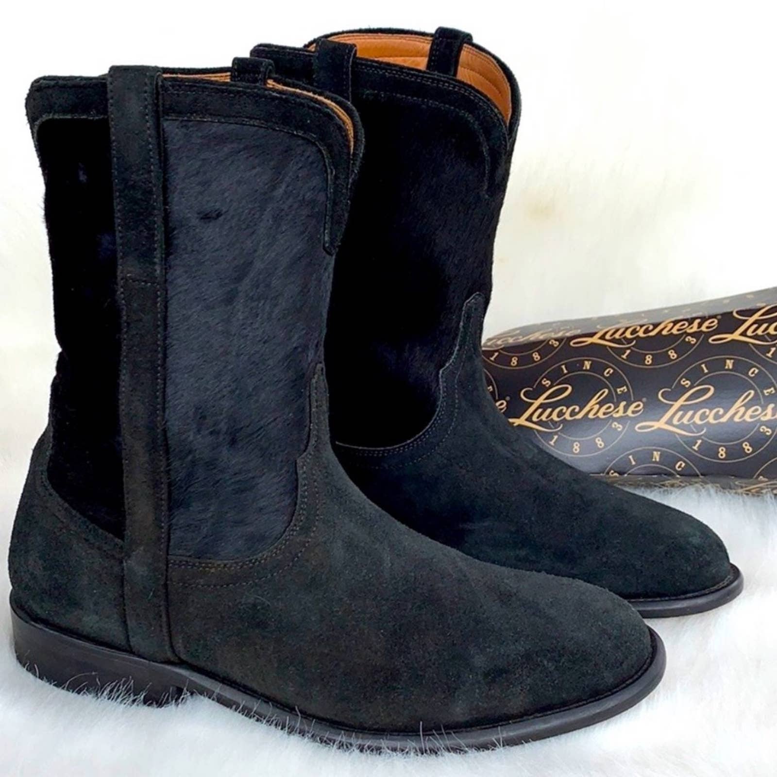 LUCCHESE Cowhide Calf Hair On Roper Black Cowgirl Cowboy Western Boots 7