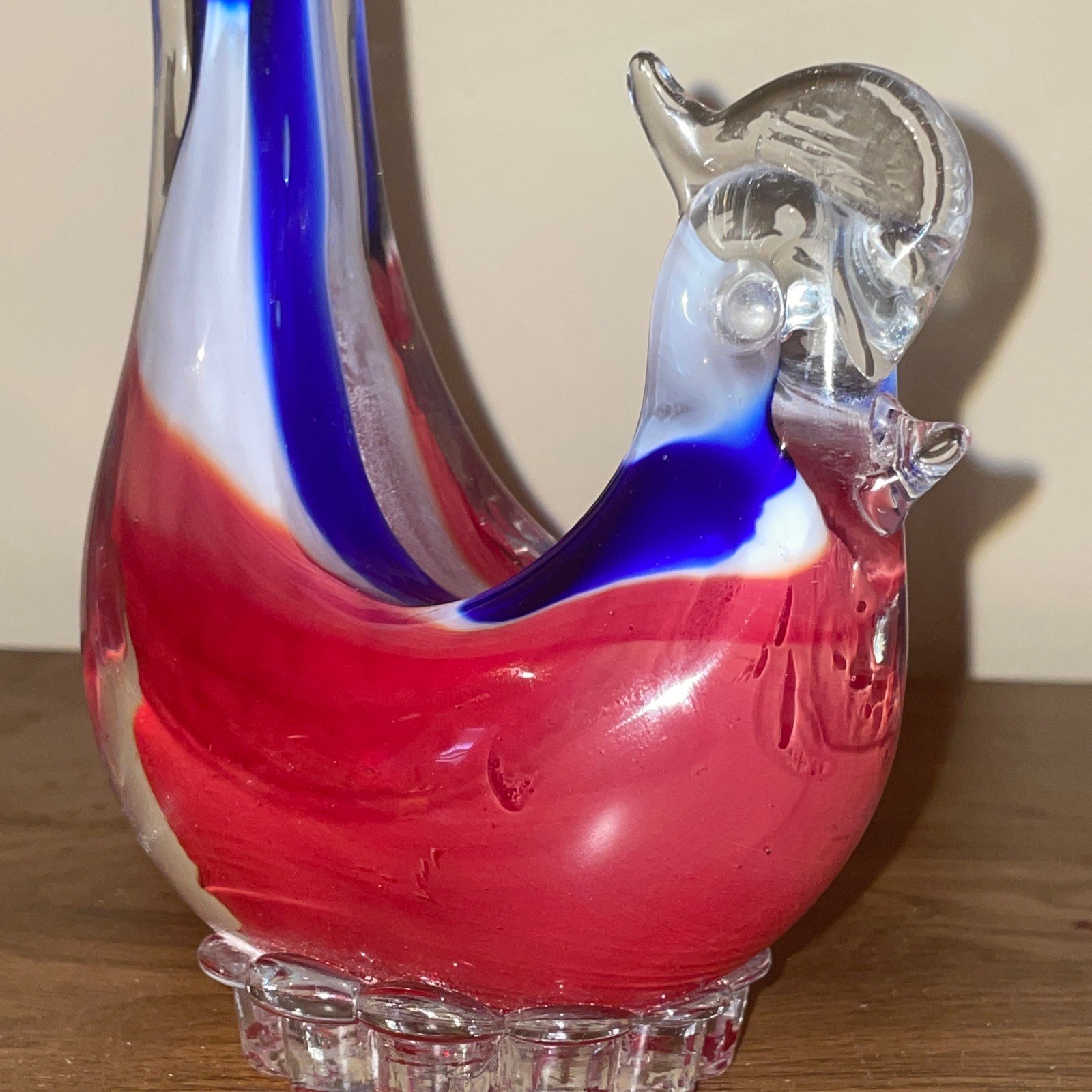 Vintage Romanian Art Glass Red Blue White Cockerel Rooster 9-1/2”