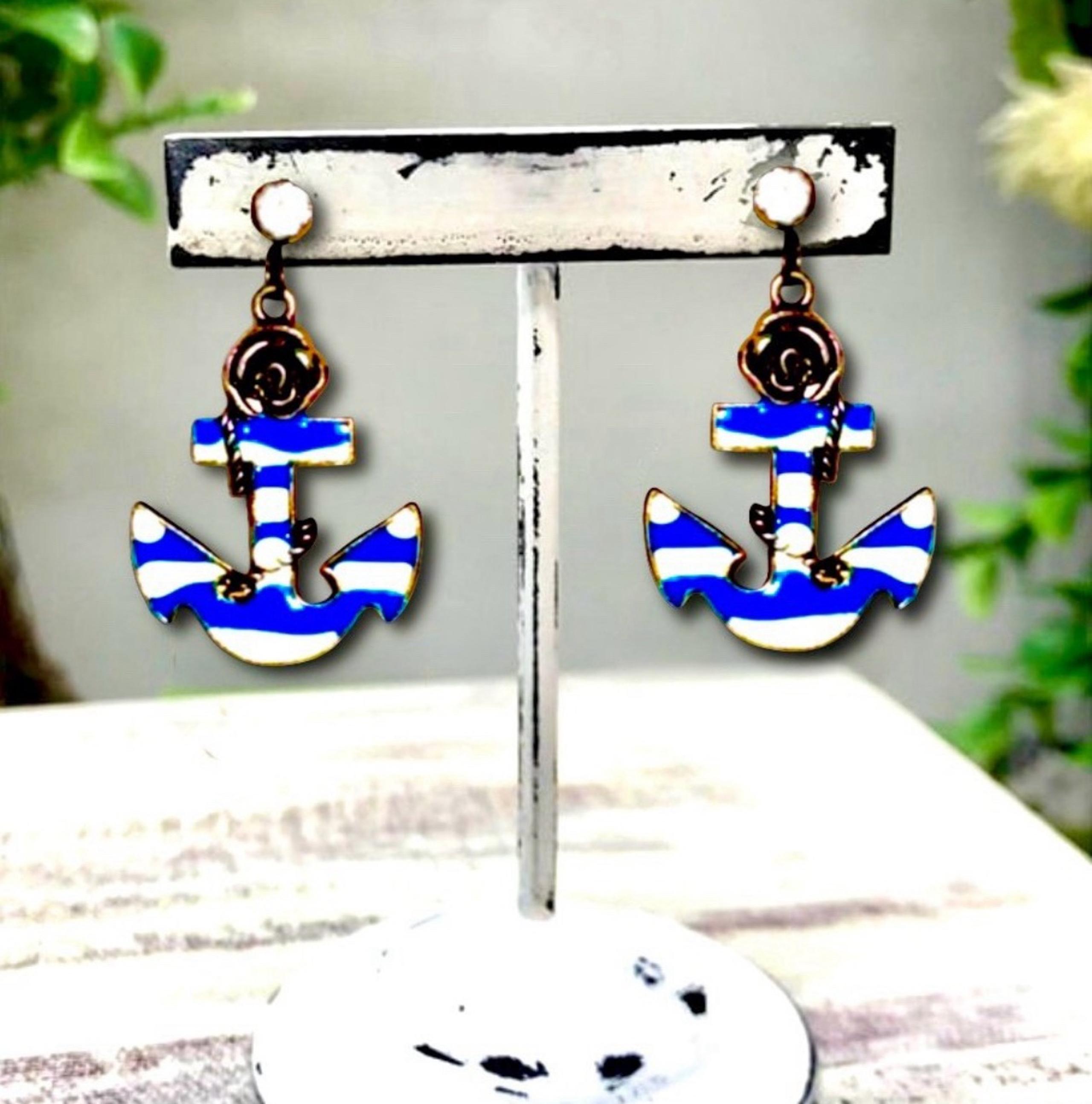 Navy Blue White Copper Rose Nautical Sailor Anchor Stud Post Statement Earrings
