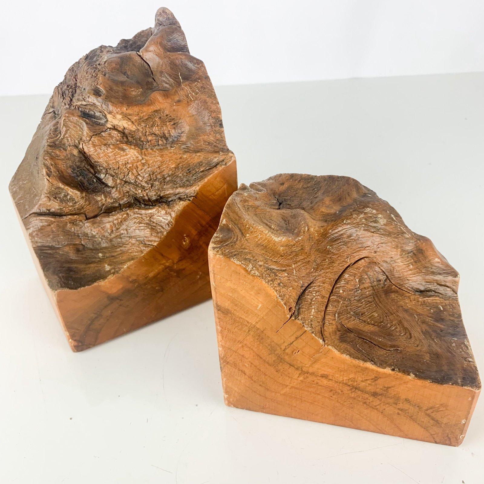 Vintage MCM California Natural Solid Live Edge Redwood Wood Book Ends Pair