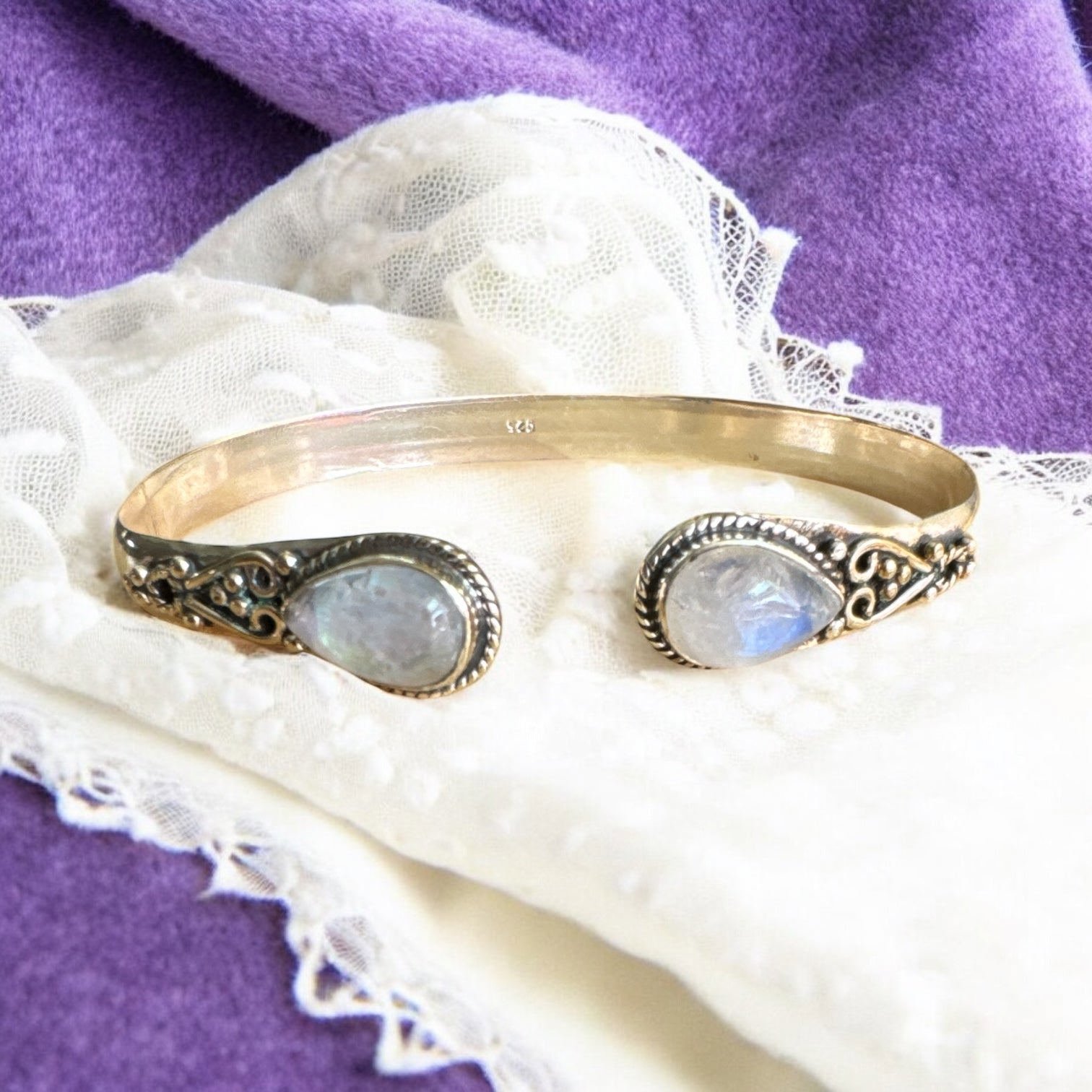 Rainbow Moonstone Solid 925 Sterling Silver Bangle Bracelet