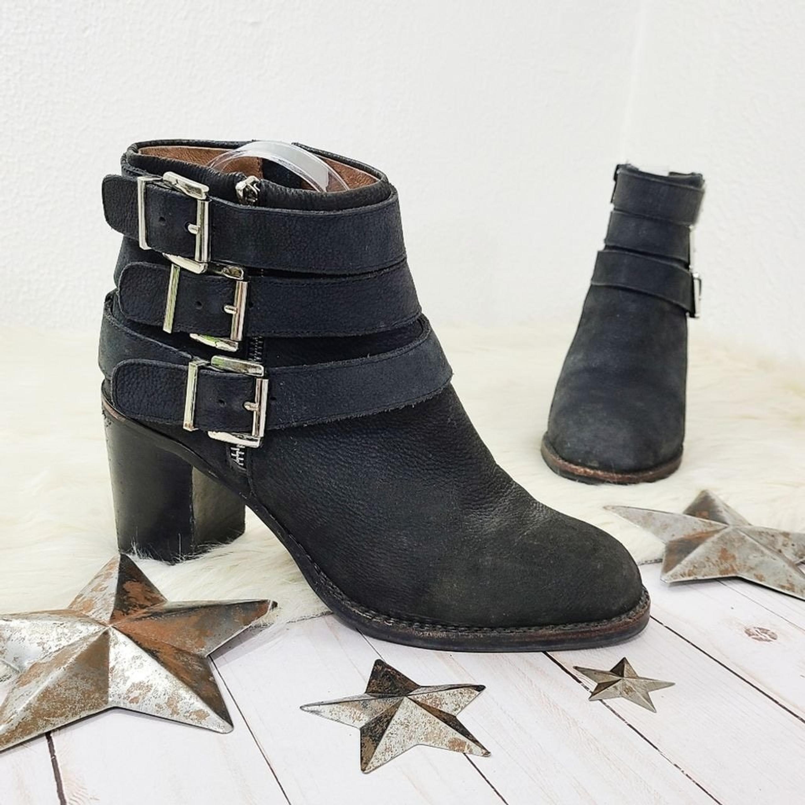 Jeffrey Campbell Rayburn moto boots black nubuck ankle 3 buckle size 8