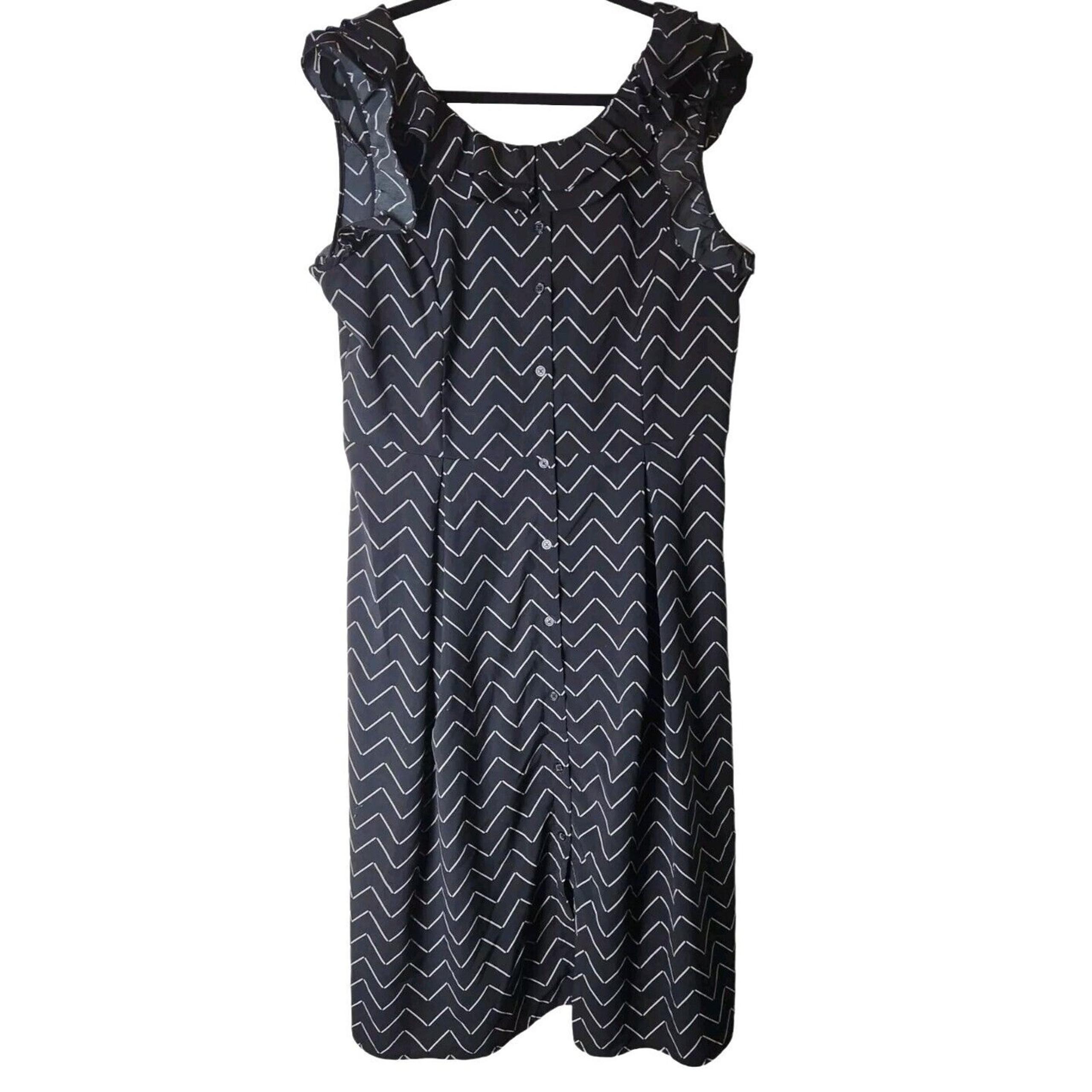 Who What Wear Women's Size Large Black White Sleeveless Ruffle Full Button Dress