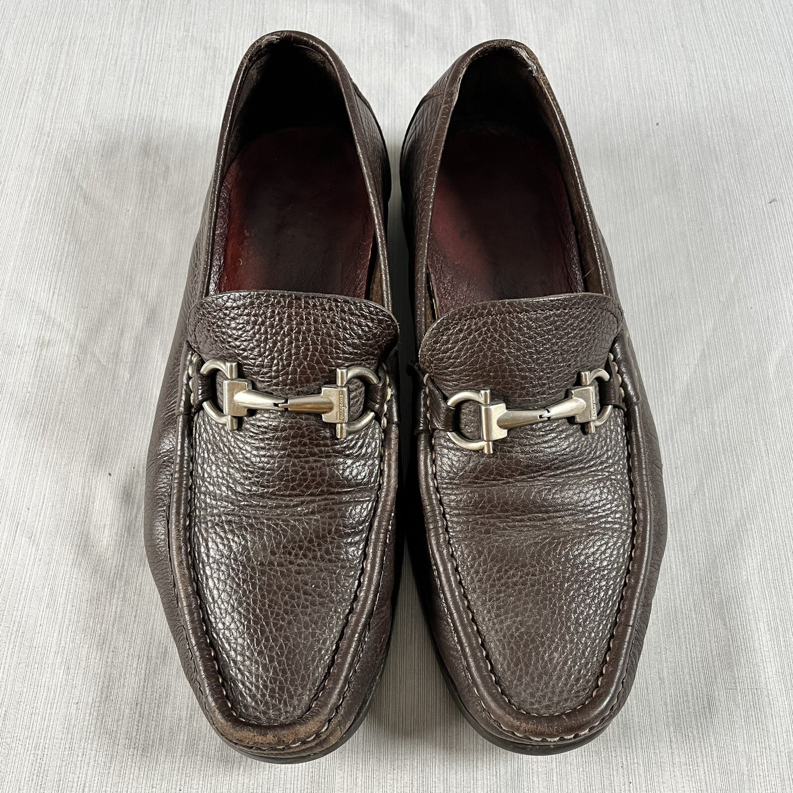Salvatore Ferragamo Grandioso Gancini Bit Loafers Horse Bit Pebbled Brown 8 EE