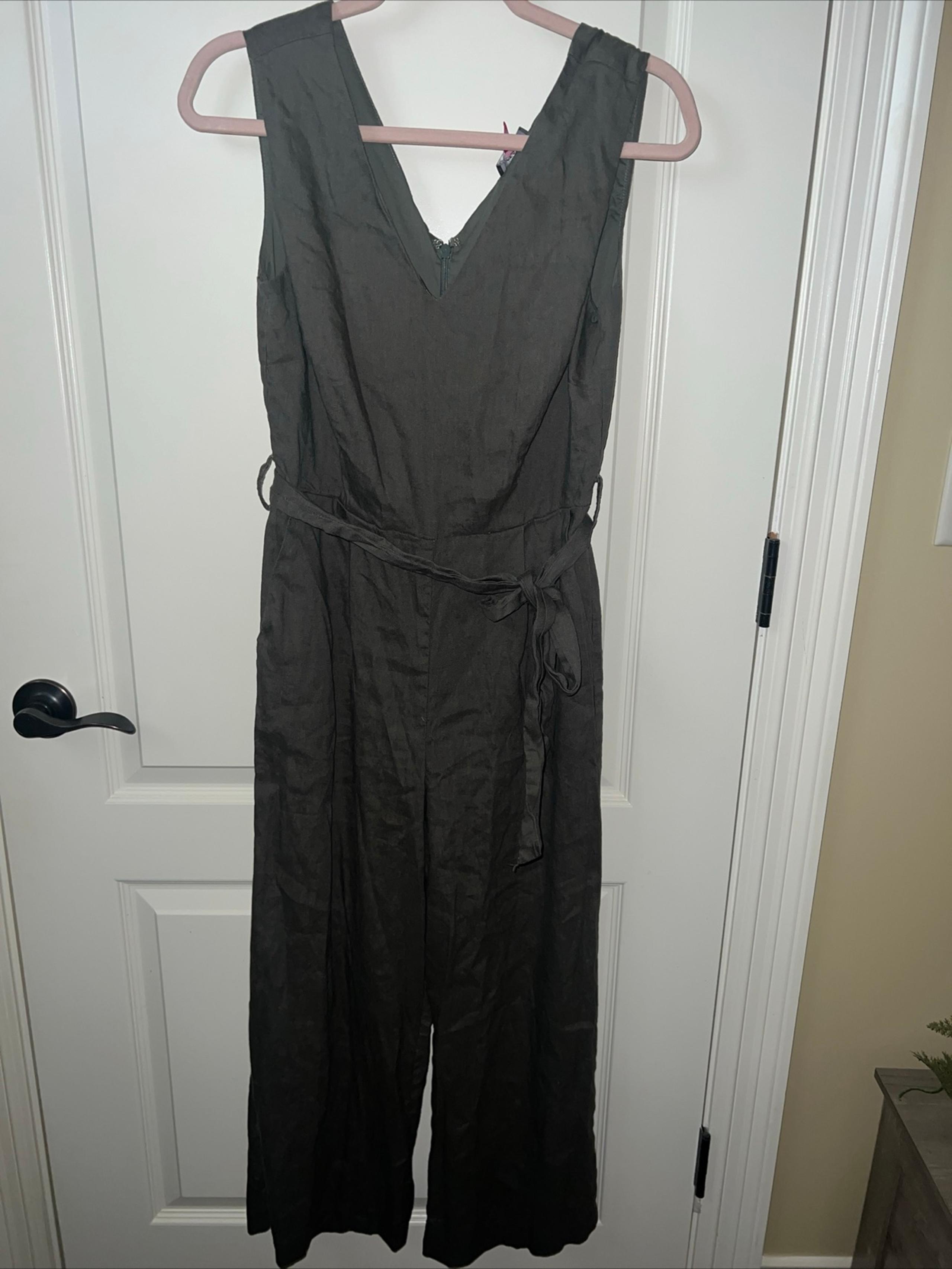 Jumpsuit Vince Camuto Womens 6 Romper Olive Green Linen Zipper Belted Wide Leg