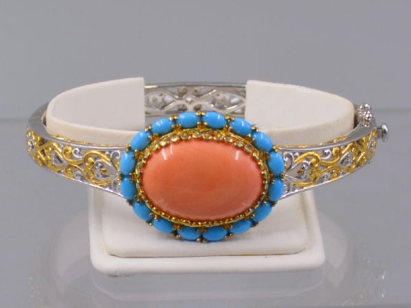 Silver Gold Sleeping Beauty Turquoise Halo Salmon Bamboo Coral Bangle Valitutti