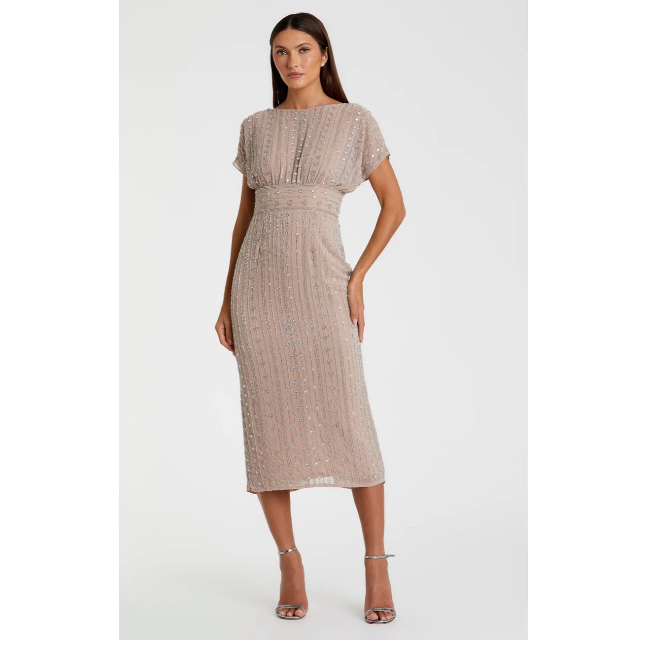 Mac Duggal #93649 Beaded Cap Sleeve Column Midi Dress Size 12 NWT Mocha 498
