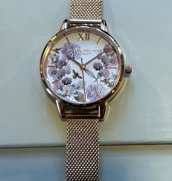 Olivia Burton Enchanted Garden Watch With 30mm White Floral Face & MeshBracelet